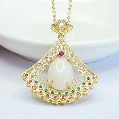 Guan Yu White Jade Peacock Pendant Necklace