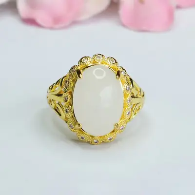 Guan Yu White Jade Ring with Gold Plating