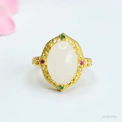 White Jade Cabochon Ring with Gold Plating