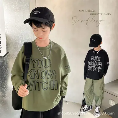 Kids Korean Style Long Sleeve T-Shirt Black 2026 Spring Autumn