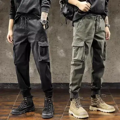 Men Black Tactical Ankle-Tied Pants with Thick Additive