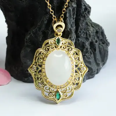 Guan Yu White Jade Pendant Necklace with Green Stones