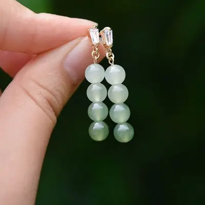 Women Earrings Green Jade Sapphire 14K Gold Dangle