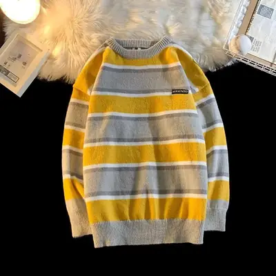 Men Striped Crewneck Sweater Autumn Winter Niche
