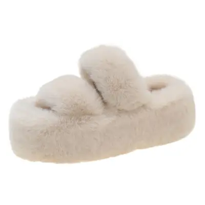 Foreign Trade 7cm Thick-Soled Furry Slippers for Women for Autumn and Winter Outer Wear 2025 New Flats-Soled One-Word Warm Cotton Slippers