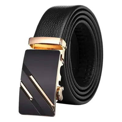 Men's Black Leather Belt with Gold Buckle