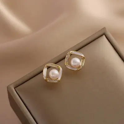 French Fashion Pearl Earrings S925 Silver Diamond Set