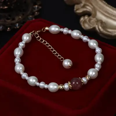 New Natural Freshwater Pearl Handwoven Bracelet with Red Crystal