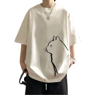 Men Cotton Cat Print T-Shirt Summer 2023