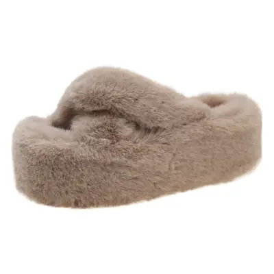 7cm thick bottom cross fluffy slippers 2025 autumn and winter new Korean fashion all-match warm plush cotton slippers women