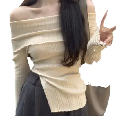 Ins Sexy Hot Girl Off-Shoulder Autumn and Winter Base Layer Women's T-Shirt Korean Style Slim Fit Pure Desire Base Layer Top Women's T-Shirt Trendy