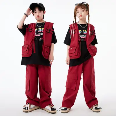 Kids Hip-Hop Vest Red Black Set