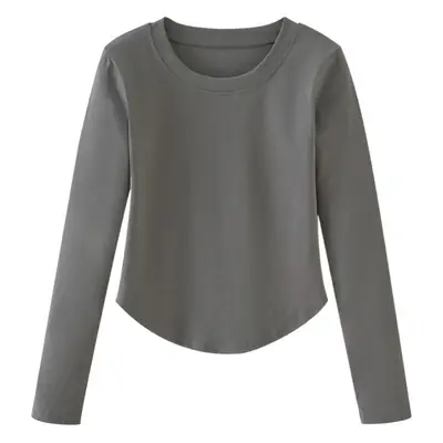 [Fleece-Lined/No Fleece] Pure Cotton Long-Sleeve T-Shirt for Women, Spring and Autumn, Irregular Curved Waist, Slimming Base Shirt Top