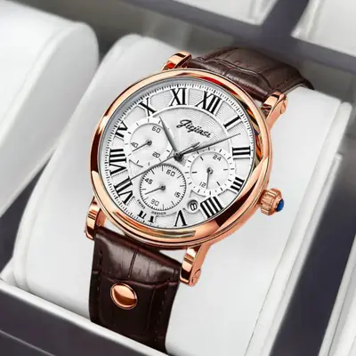 Jiejias Waterproof Luminous Calendar Men's Watch Black Leather Strap