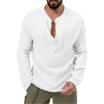 Men's Long Sleeve Button V-Neck T-Shirt Black