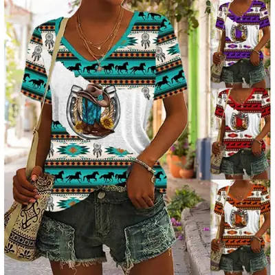 2023 foreign trade cross-border women's fashion loose U collar digital printing western style short sleeve blouse 5311A