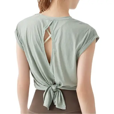 Women's Light Green Yoga T-Shirt with Back Tie Closure