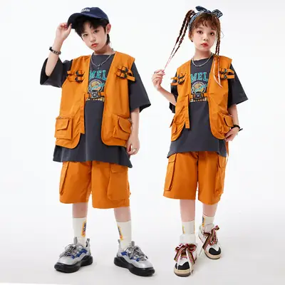 Boys Hip Hop T-Shirt Shorts Set Orange Black