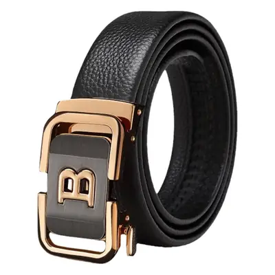 Men's Black Leather Belt with Gold Buckle