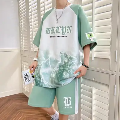 Men's Waffle Print Ice Silk Shorts Set Green White