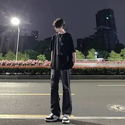 Men's Black Ripped Leg Pants Summer Thin High Street Style