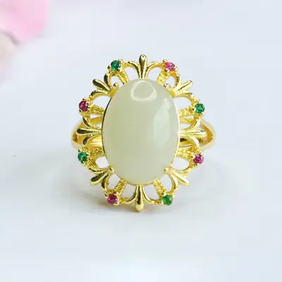 Guan Yu Jade Ring Pigeon Egg Gold Plated Vintage