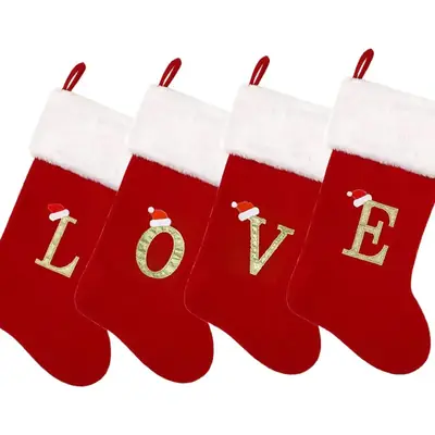 Red Velvet Christmas Socks with LOVE Embroidery