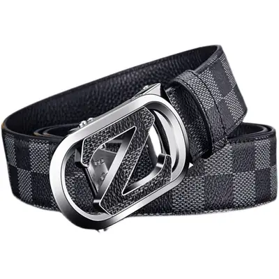 Men's Black Checkered Leather Belt with Silver Buckle