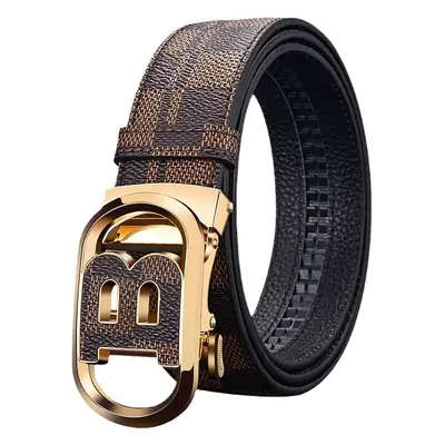 Men's Genuine Leather Belt with Gold Logo Buckle
