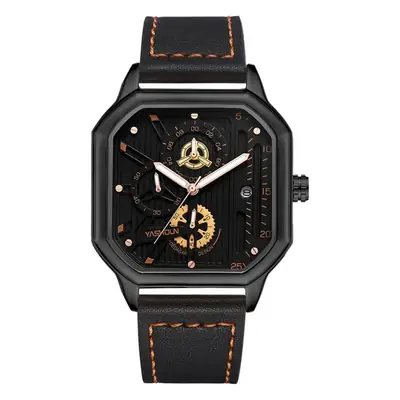 Men's Square Hollow Watch Gold Black Three Eye Six Pin