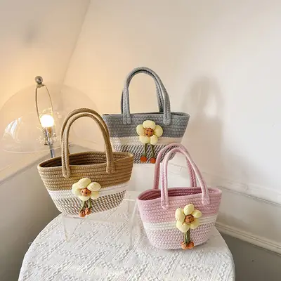Pink Straw Flower Shoulder Bag for Women