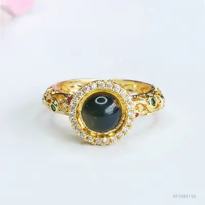 Guan Yu Natural Amber Ring Water Blue Vintage Women's