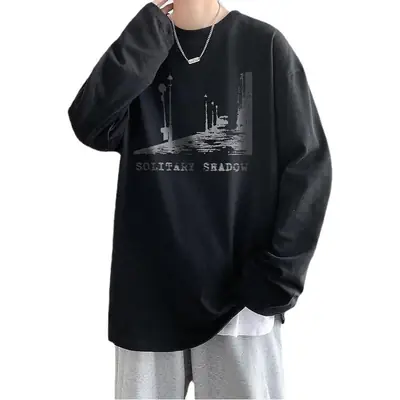 Men's Black Printed Long Sleeve T-Shirt Loose Fit Harajuku Style