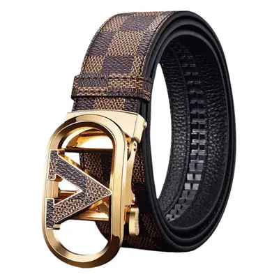 Men's Black Checkered Belt with Gold Logo Buckle