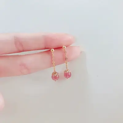 Natural Pink Crystal Strawberry Earrings for Women