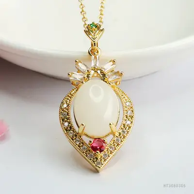 Heart Shaped White Jade Pendant Necklace with Red Stones