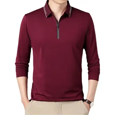 2024 Spring Men's Blue Zipper Polo Shirt with Sleeve