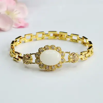 Gold White Jade Leopard Head Bracelet with Crystal Accents