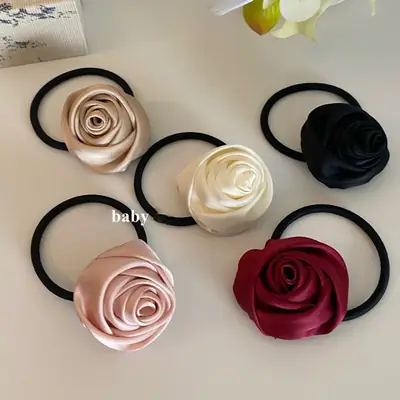 French Satin Rose Hair Ponytail Head Rope