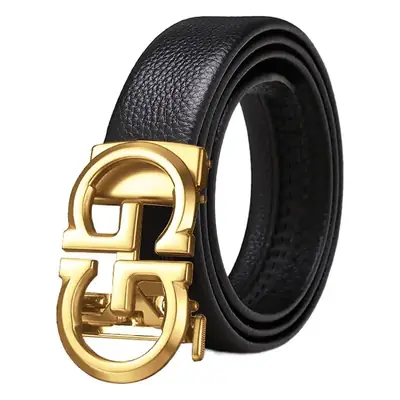 Gold Plated Black Leather Belt with Automatic Buckle