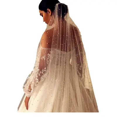 White Beaded Bridal Veil with Hair Accessory