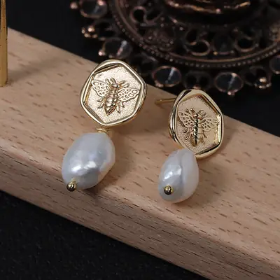Hexagonal Bee Pearl Earrings Gold Plated