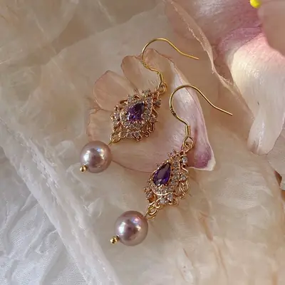 Vintage Purple Zircon Pearl Baroque Earrings 925 Silver Plated
