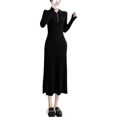 Black Knitted Lapel Long Sleeve Women's Dress