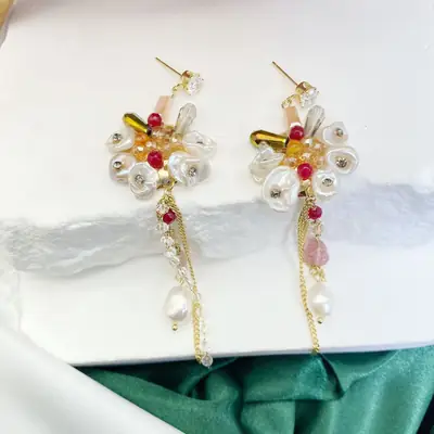 Natural Baroque Pearl Flower Tassel Earrings