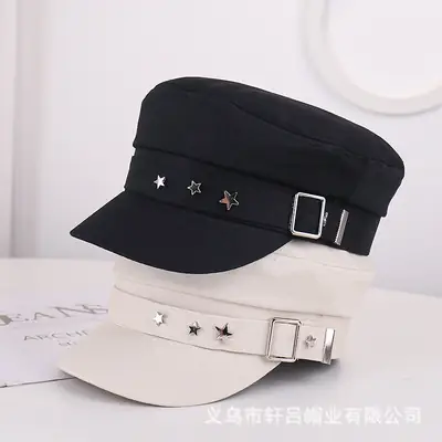Women's Star Belt Buckle Flat Top Hat Beige