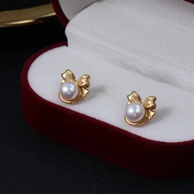 Hong Kong Style Bow Pearl Earrings Gold Plated