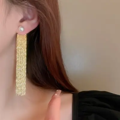 14K Gold Tassel Earrings with Pearl & Needle Design