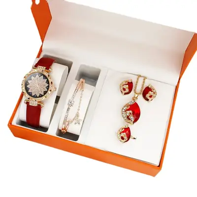 Women's Red Crystal Watch & Jewelry Set