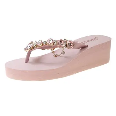 2024 Summer new ins rhinestone flip-flops women's outer wear platform wedge beach vacation flip-flops